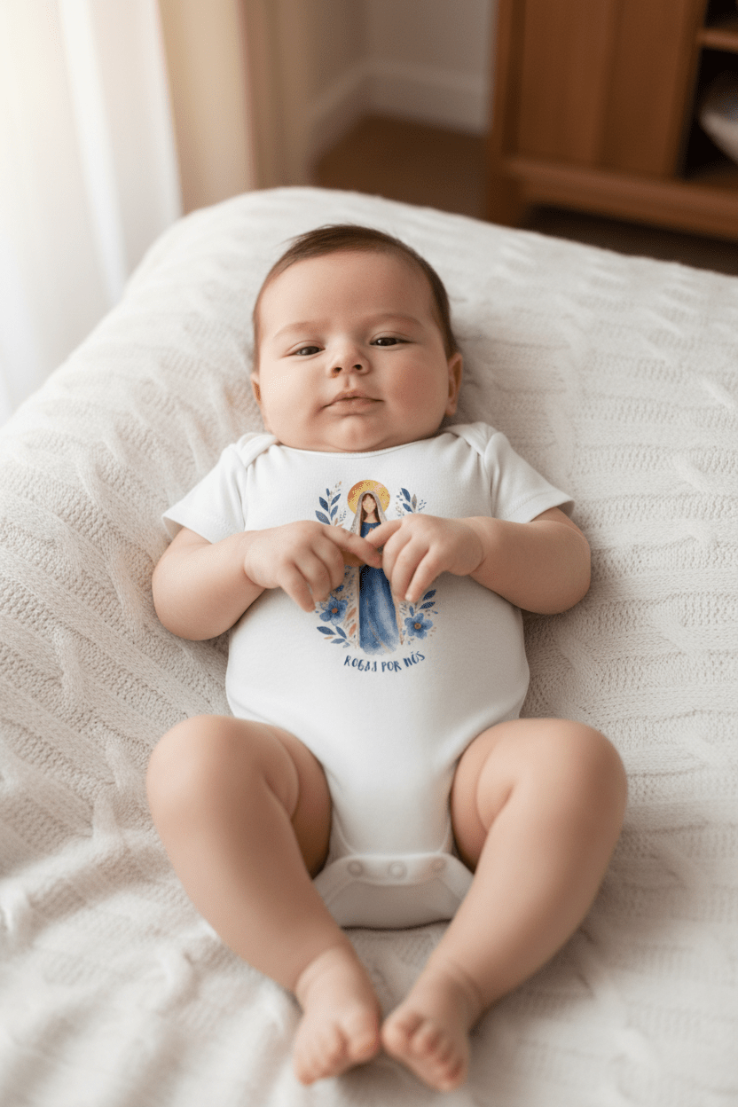 Body Infantil Rogai por Nós – Presente Católico para Bebê - Pray Style