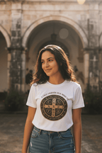 Camiseta Católica Medalha de São Bento – A Cruz Sagrada Seja Minha Luz | Pray Style - Pray Style