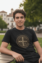Camiseta Católica Medalha de São Bento – "A Cruz Sagrada Seja Minha Luz" | Pray Style - Pray Style