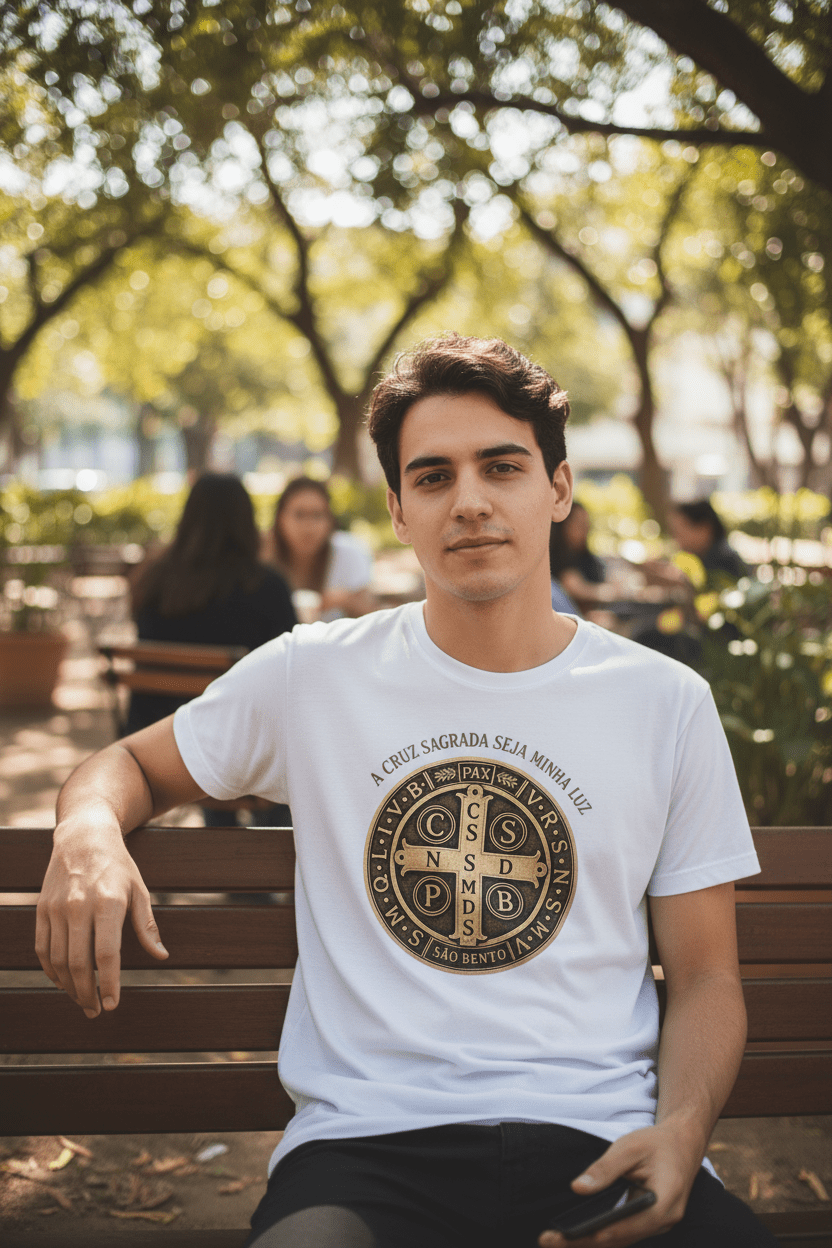 Camiseta Católica Medalha de São Bento – "A Cruz Sagrada Seja Minha Luz" | Pray Style - Pray Style