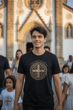 Camiseta Católica Medalha de São Bento – "A Cruz Sagrada Seja Minha Luz" | Pray Style - Pray Style