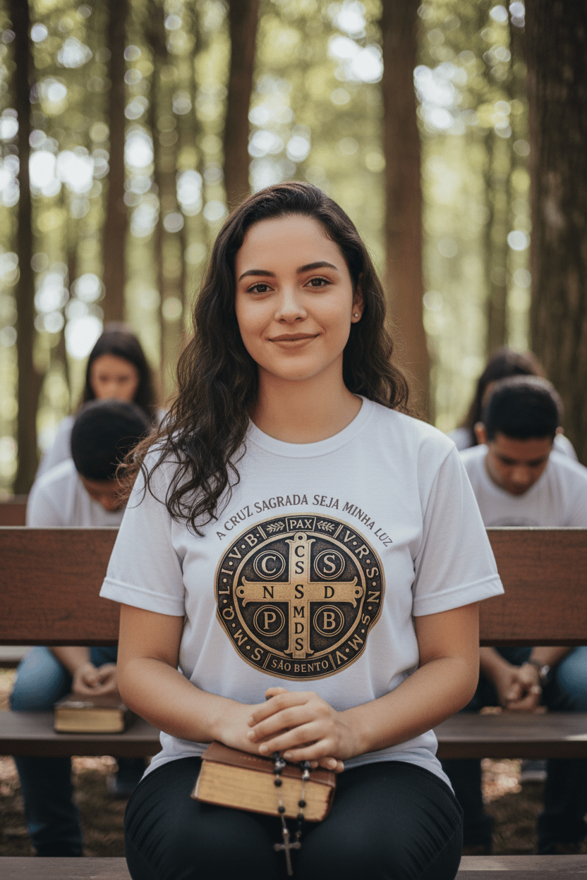 Camiseta Católica Medalha de São Bento – "A Cruz Sagrada Seja Minha Luz" | Pray Style - Pray Style
