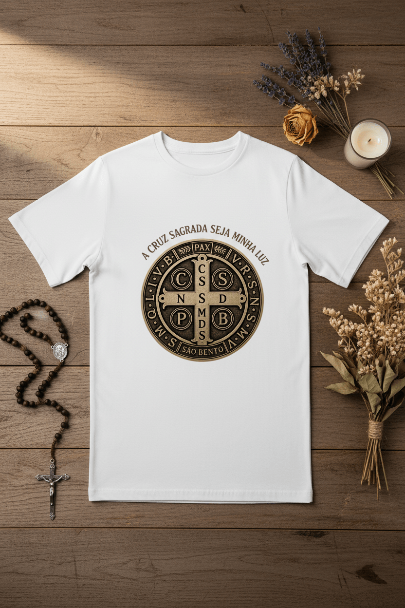 Camiseta Católica Medalha de São Bento – A Cruz Sagrada Seja Minha Luz | Pray Style - Pray Style