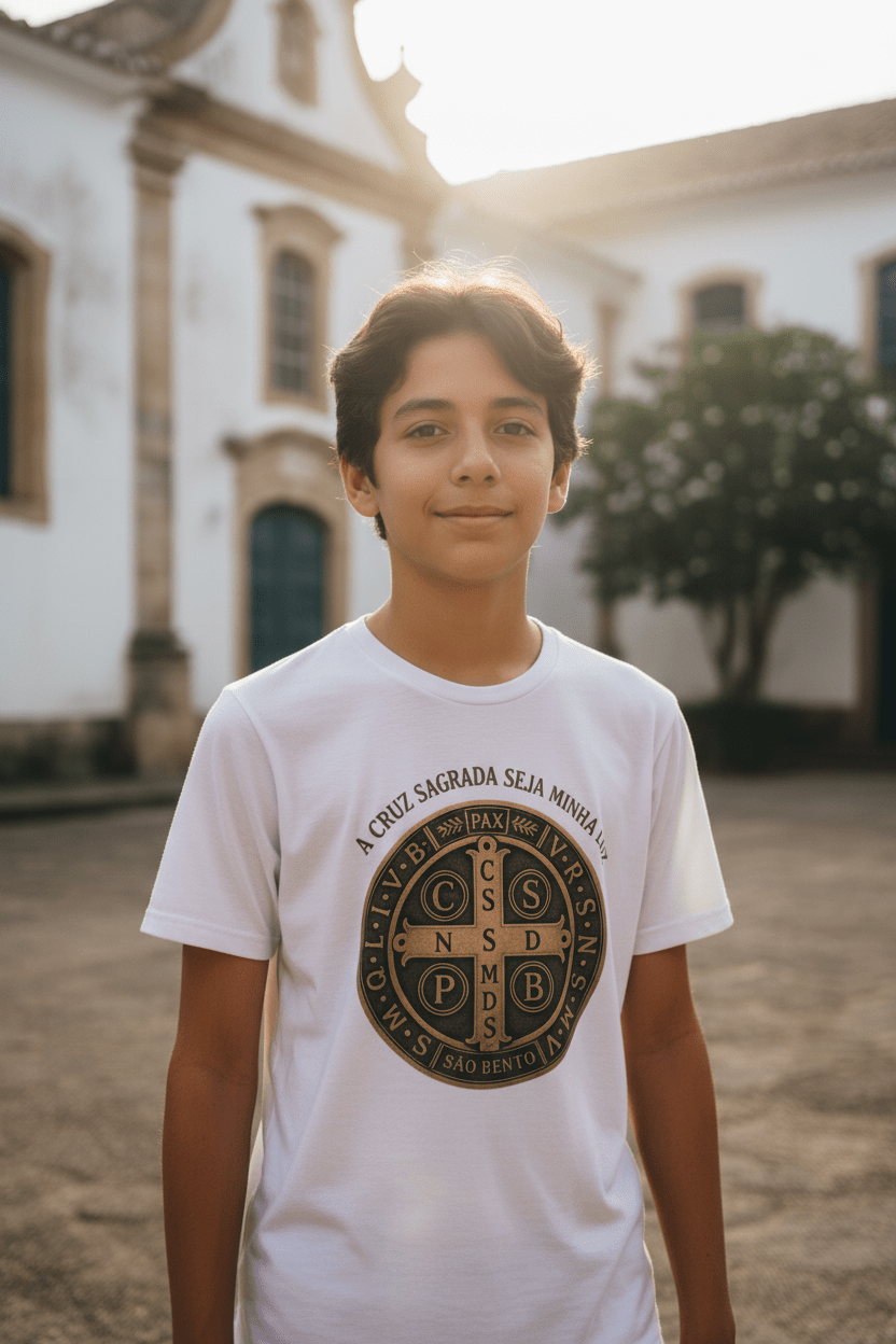 Camiseta Católica Medalha de São Bento – A Cruz Sagrada Seja Minha Luz | Pray Style - Pray Style