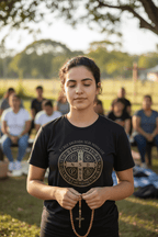 Camiseta Católica Medalha de São Bento – "A Cruz Sagrada Seja Minha Luz" | Pray Style - Pray Style