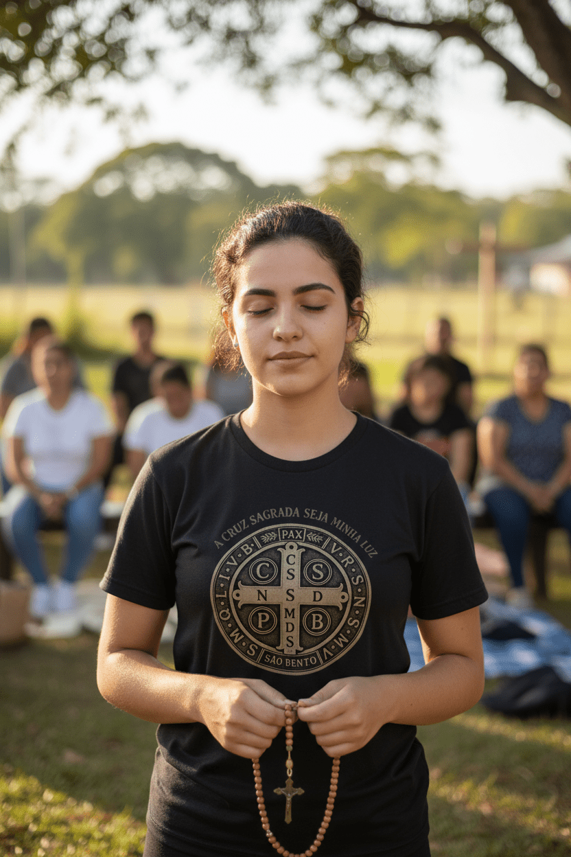 Camiseta Católica Medalha de São Bento – "A Cruz Sagrada Seja Minha Luz" | Pray Style - Pray Style