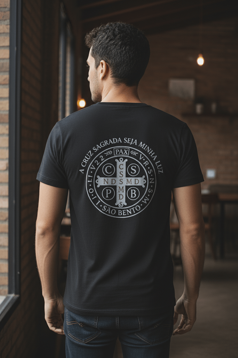 Camiseta Católica Medalha de São Bento – Estampa nas Costas | Pray Style - Pray Style