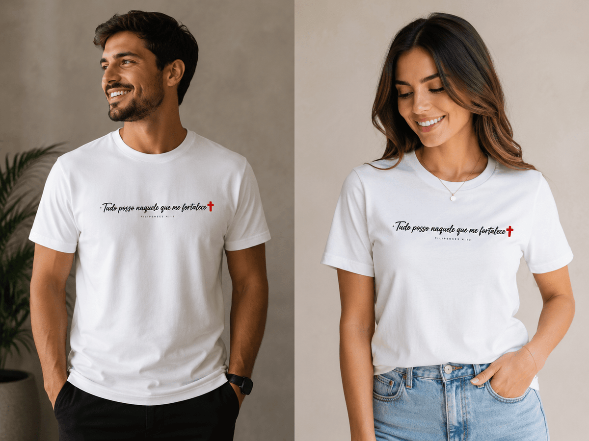 Camiseta Católica "Tudo Posso Naquele que Me Fortalece" | Pray Style - Pray Style