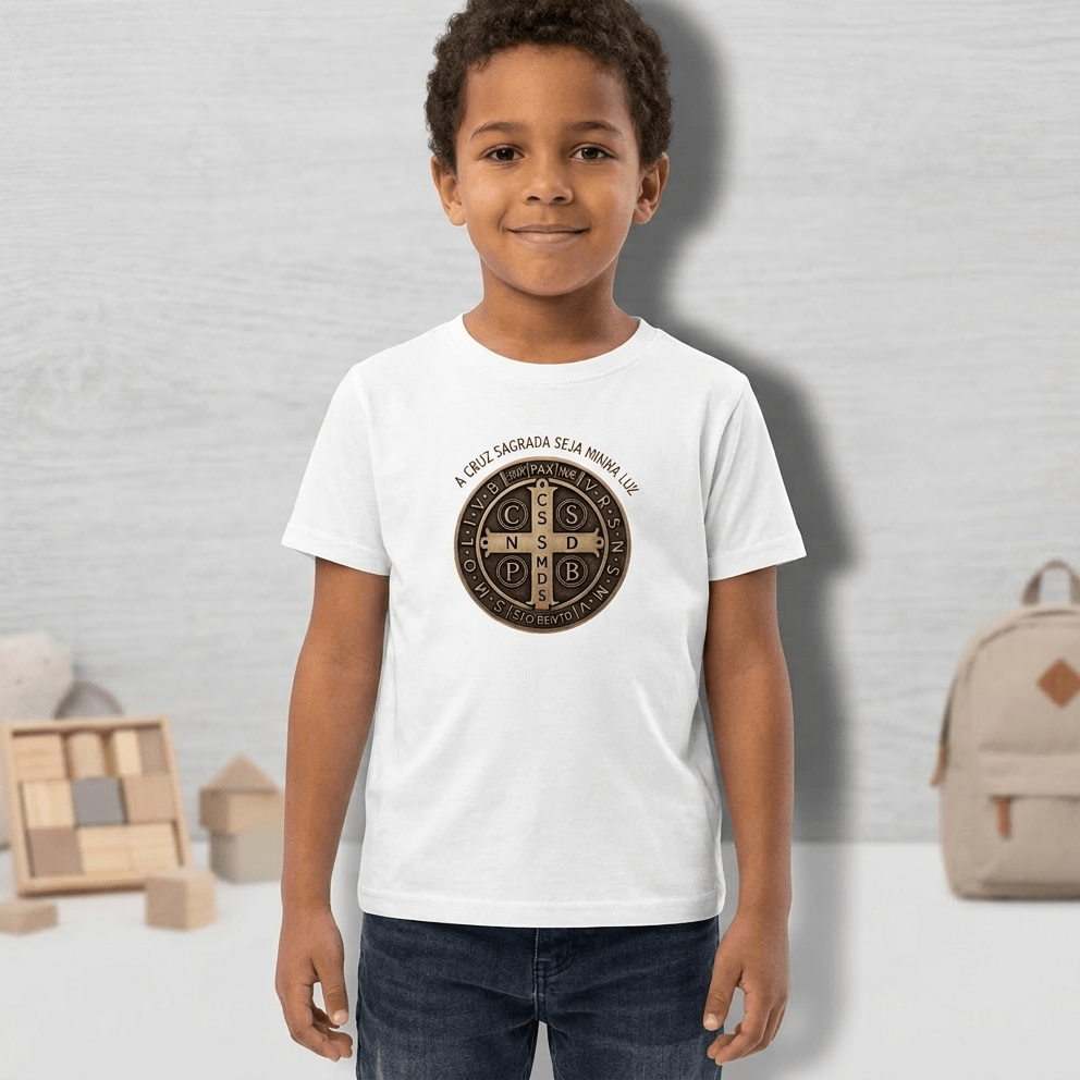 Camiseta Infantil Católica São Bento Dourada - Pray Style